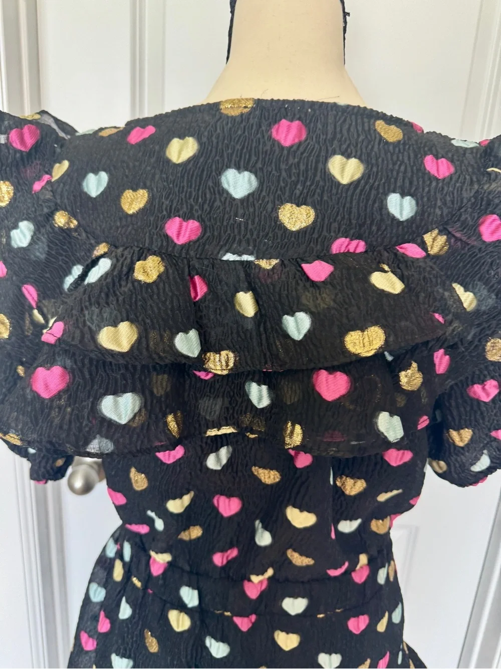 Women’s Buddy Love Black Heart Print Ruffle Dress with Gold Accent - Picture 7 of 9